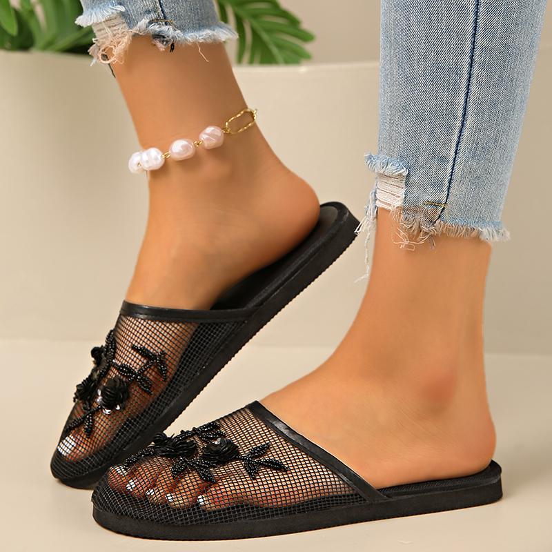 

Shoes for Women 2025 Hot Sale Baotou Women s Slippers Fashion Crystal Floral Daily Slippers Women New Mesh Flat Slippers Zapatos 36 чёрный