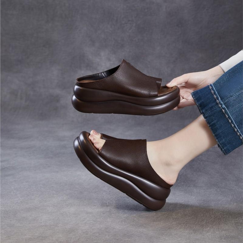 Johnature Ciabatte Zeppa Donna Suola Spessa Vera Pelle Comode Retro Sandali da Esterno