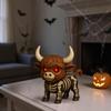 Fall Skeleton Highland Cow Spooky Highland Cow Figurine with Glowing Red Eyes Halloween Tabletop Resin Statue for Home Garden Office Table Decor
