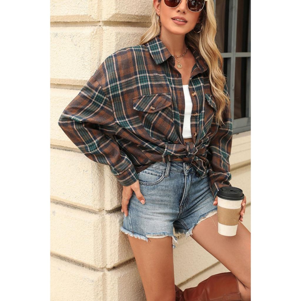 Women's Loose Long Sleeve Plaid Turn-down Collar Pocket Shirt  Autumn Winter New Arrival, Casual Blouse Top for Women, Ready to Ship