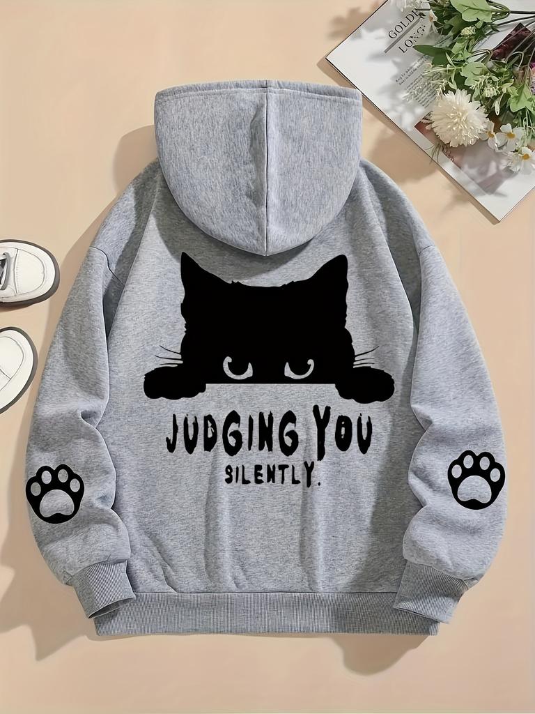 Peeking Black Cat Paw Print Slogan Print Men Hip Hop Athletic Hoodie, Funny Silent Judging Text Back & Double Cuff
