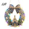 DIY Home Holiday Decor Acrylic Christmas Hanging Kit Art Faux Pearl Lighted Wreath 3D Beaded Craft Sparkling Gemstone Set Kit with LED String Light
