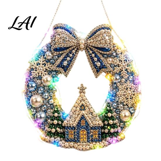 DIY Home Holiday Decor Acrylic Christmas Hanging Kit Art Faux Pearl Lighted Wreath 3D Beaded Craft Sparkling Gemstone Set Kit with LED String Light