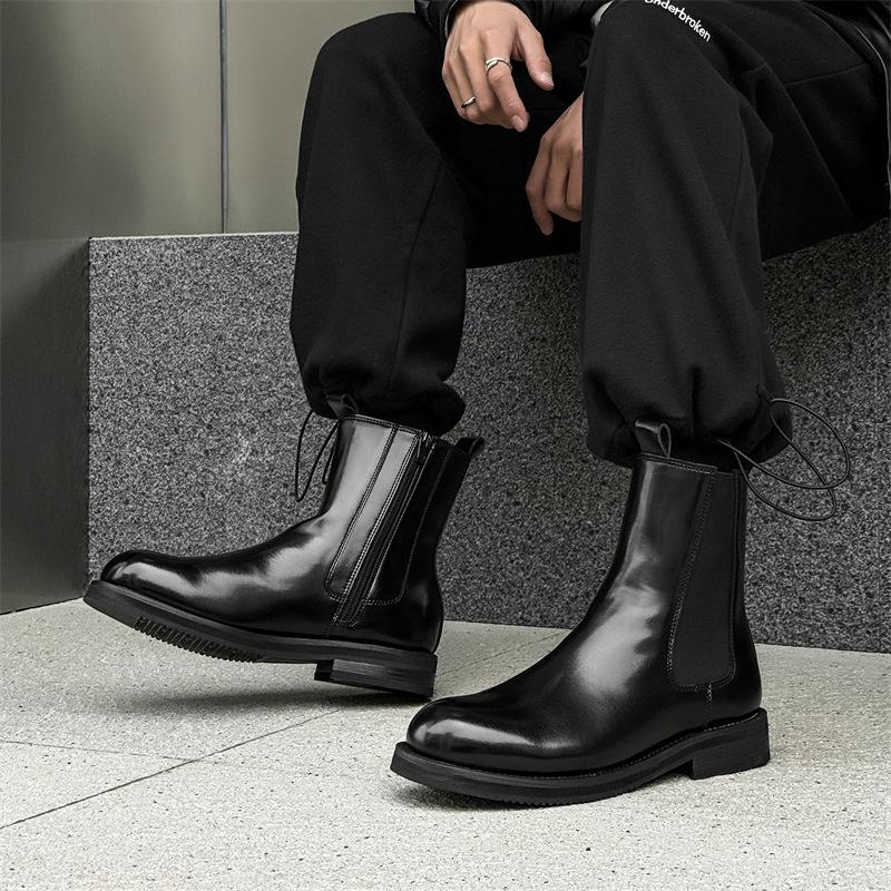 Martin Boots Men's Zipper British Leather Shoes Men's High Top Black Chelsea Boots 14648-J
