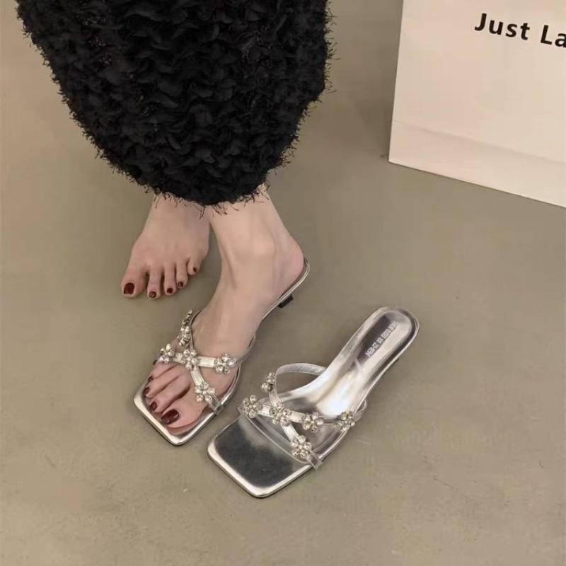 Flower rhinestone high heel cool slippers women s summer cross strap square head open toe stiletto silver high heels 35