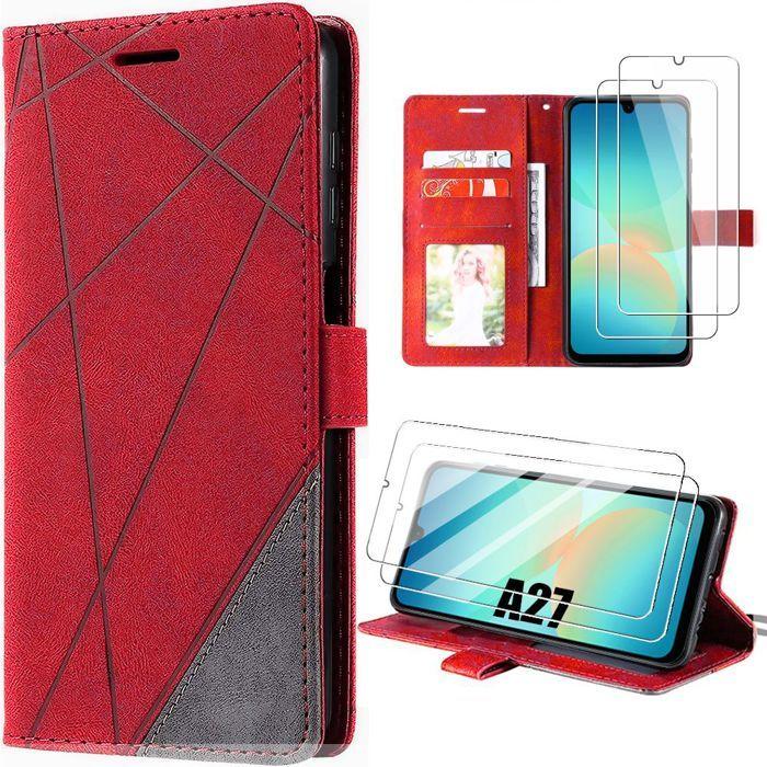Case + 2 Tempered Glasses for Samsung Galaxy A27 5G, Flip Case 360 Degree Protection PU Leather - Red