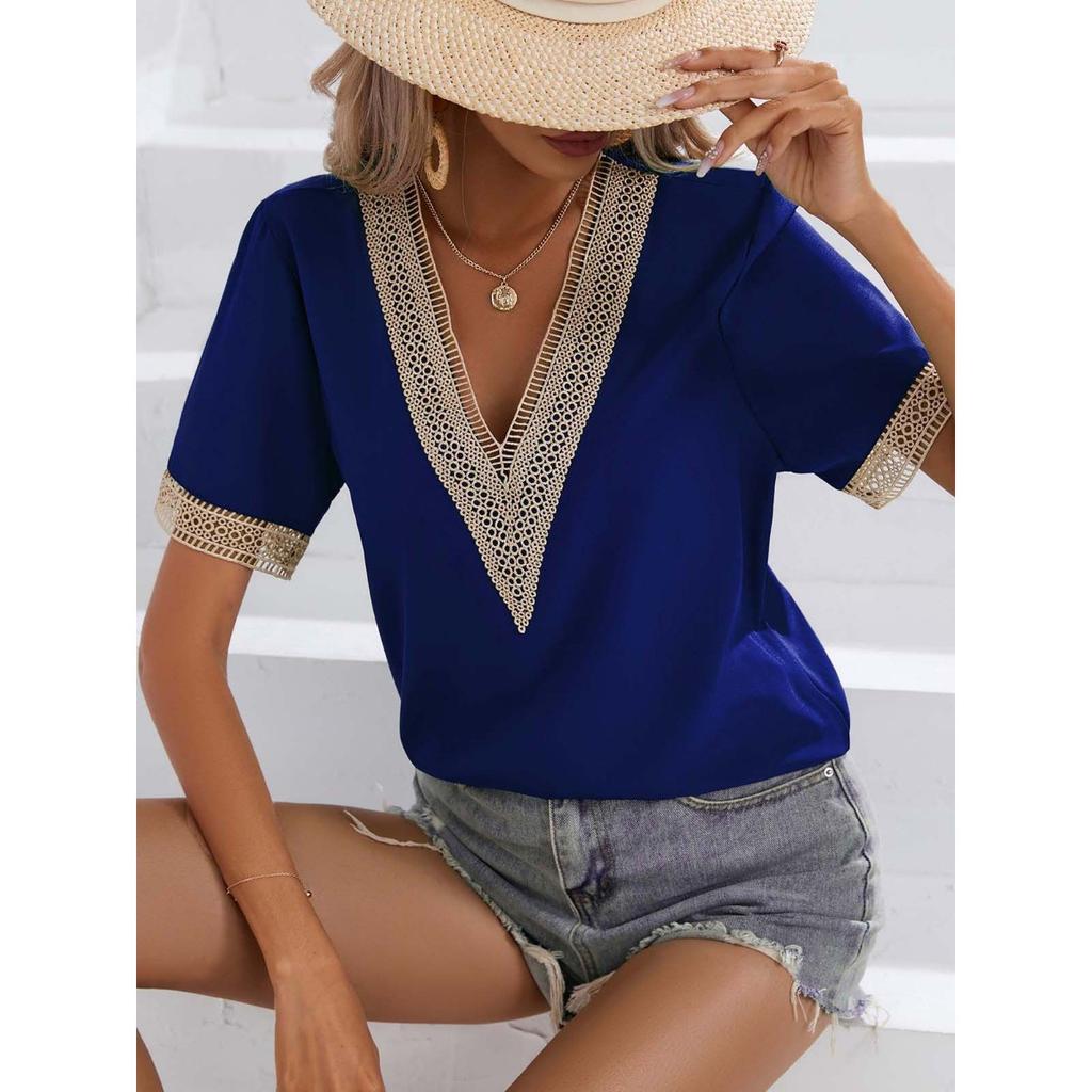 Summer Women's Lace Trim V-neck Short Sleeve T-shirt, European American Style Casual Tops For Women