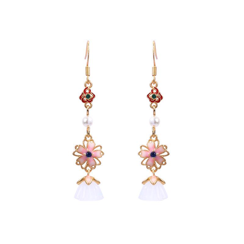 Exquisite 925 Sterling Silver Chinese-Style Lotus Earrings with Imitation Jade and Floral Design.