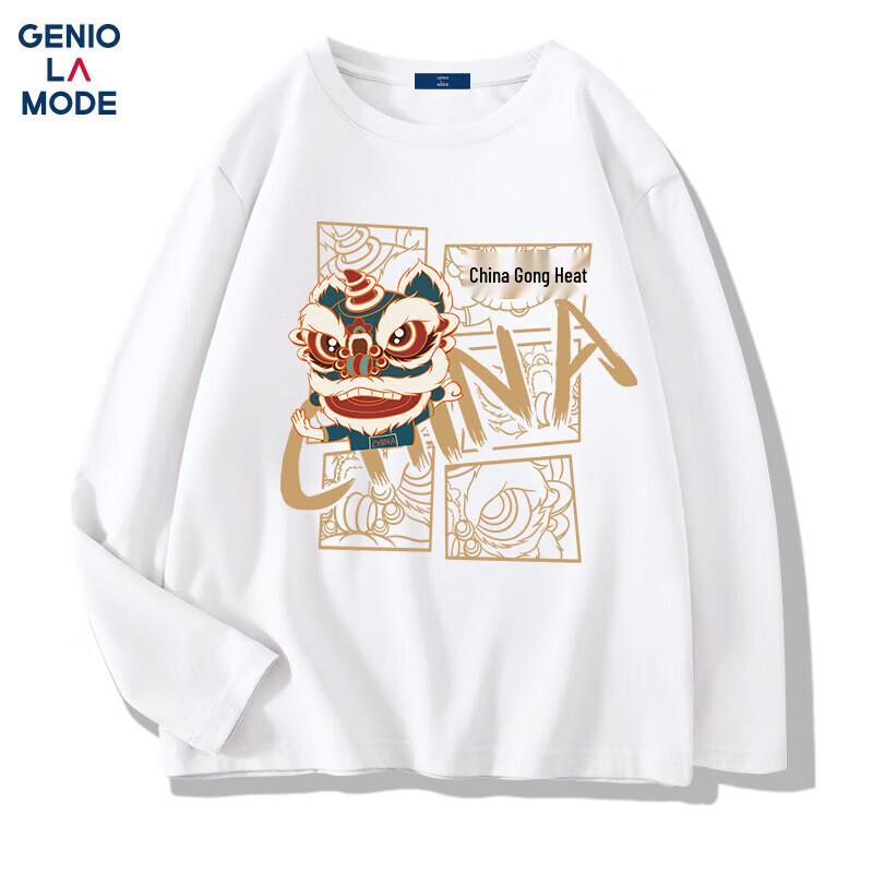 GENIOLAMODE Men's Chinese Trend Lion Dance Print Long Sleeve T-Shirt