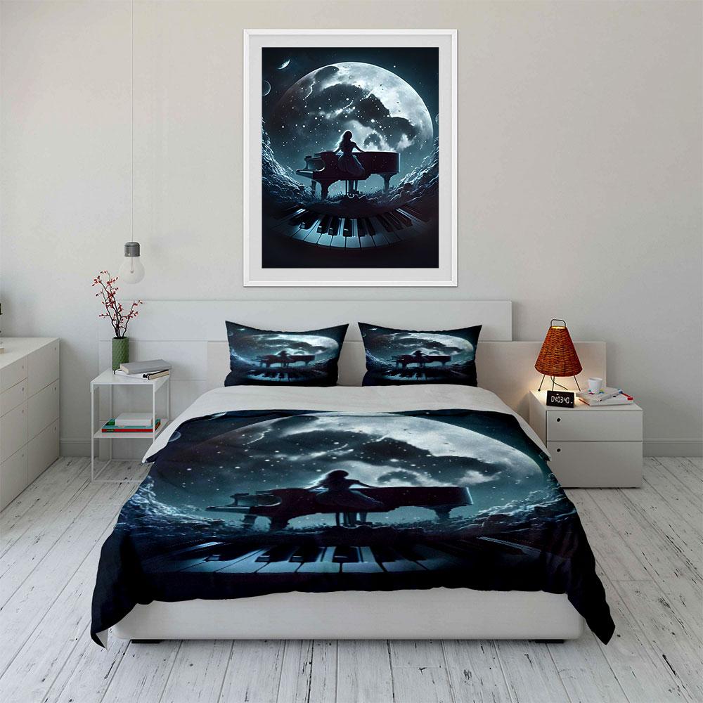 Mond, Sterne, Klavier, Silhouette. Bettwäsche-Sets Bettbezug-Sets Bettbezüge Kissenbezüge(1 * Bettbezug 2 * Kissenbezüge ohne Bettdecke)