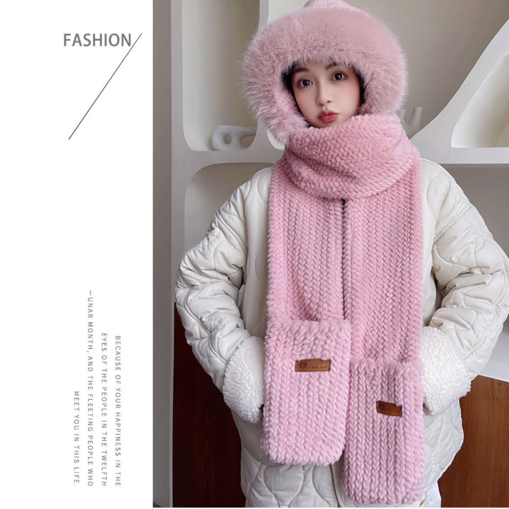 Thickened Plush Women Beanies Cap Cute Bear Ear Integrated Cap Scarf  Autumn Winter