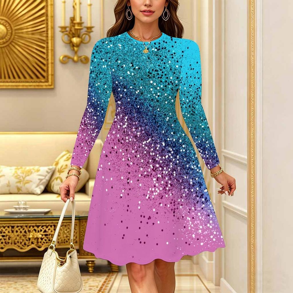 Women Long Sleeve Round Neck Midi Dress Boho Tie Dye Star Floral Dot Print Flared Casual Dress