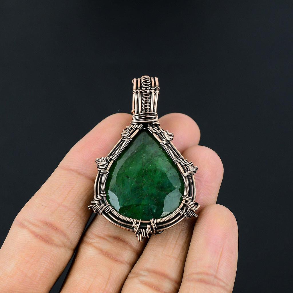 Emerald Pendant, 999 Copper Wire Wrapped Pendant Gemstone Jewelry, Handmade Pendant Amazing Jewelry, Gift For Her