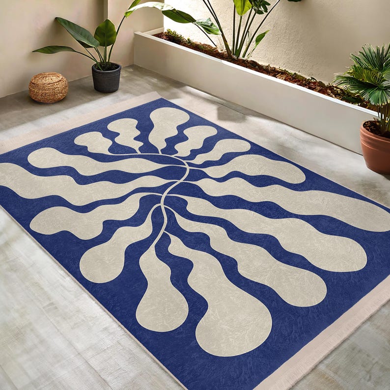 

Flowing Blue Ripple Area Rug Abstract Organic Design Modern Square Carpet Home Accent 60*90cm