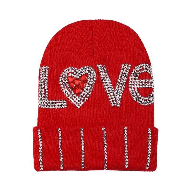 InsStyle Soft Hat Knitted Rhinestone LOVE Letter Beanies Hat Handmade Hat Breathable Pullover Hat Street Photoshoots Cap