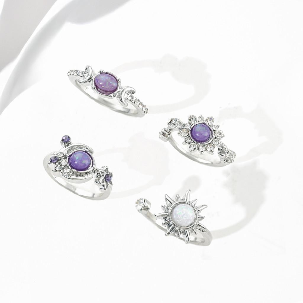 

Sun Moon Geometric Ring Set With Artificial Gemstones For Women And Trendy Fashion Style