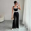 Damen Farbblock Ärmelloser Quadratischer Ausschnitt Weiter Bein Overall Eleganter Romper mit Hoher Taille