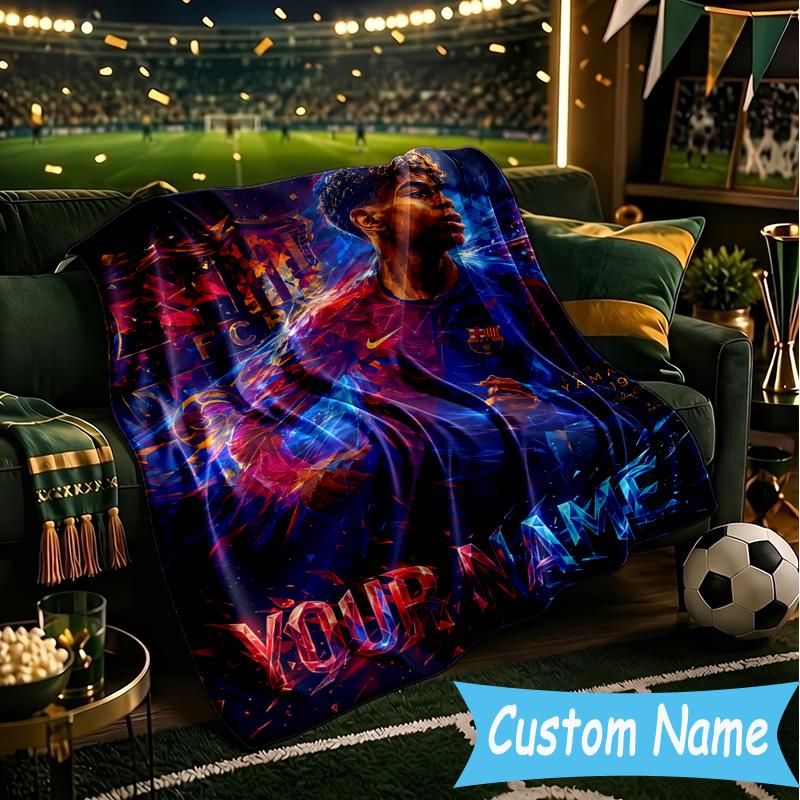 Custom Name Lamine Yamal Soccer Celebration Flannel Blanket, Use for Birthday/Holiday Gift, Soft Blanket for Sofa/Bed/Camping/Office, Home Decor