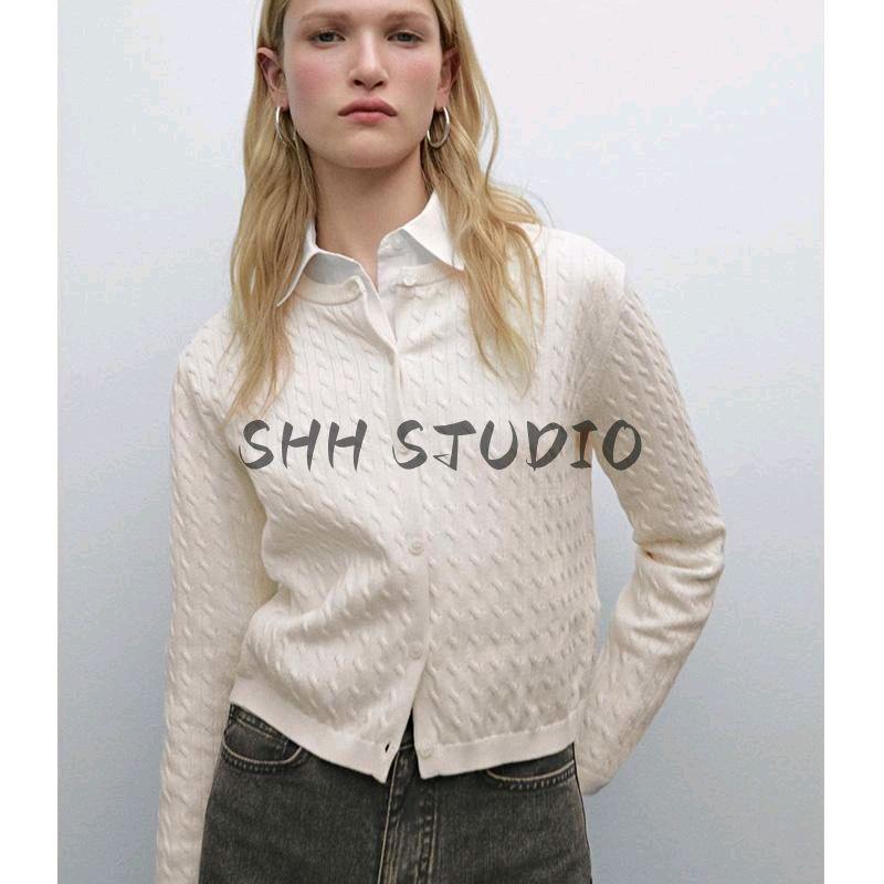 MD Spring New Women's Clothing Casual French Lady Style Cotton Twisted round Neck Knitting Cardigan 5745641