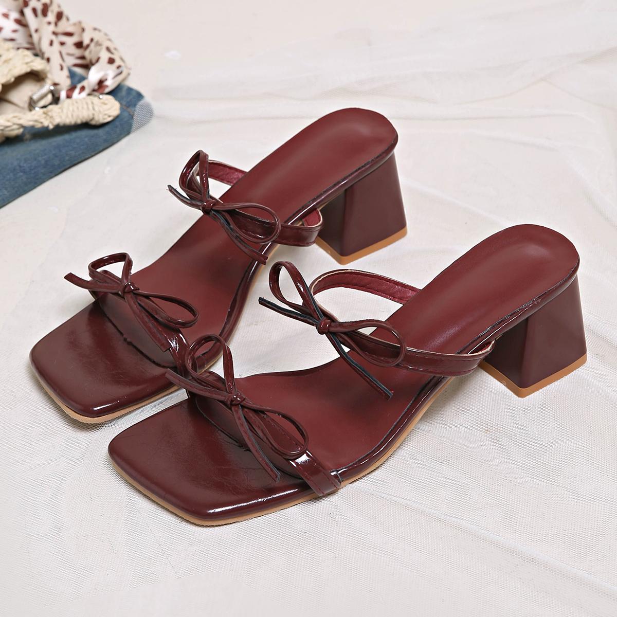 

Wine Red High Heels Sandals for Women Square Toe Bowtie Decor Summer Outdoor Slippers Woman Thin Heeled Party Wedding Shoes 42 вино красного