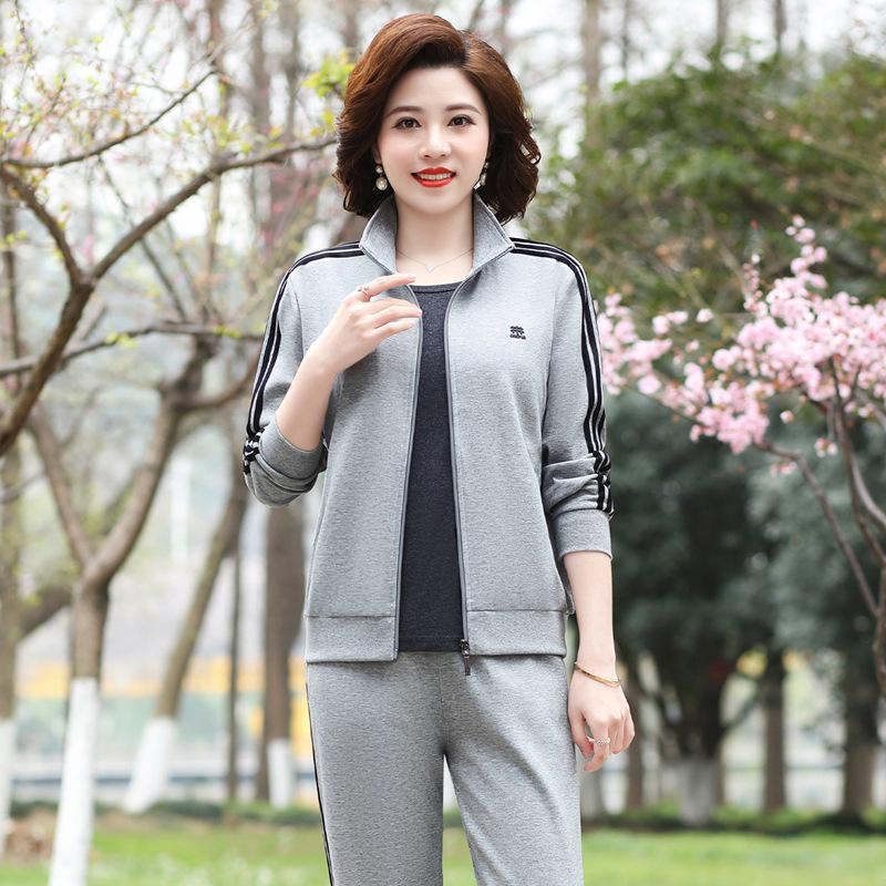 Women's Spring/Fall Casual Sportswear Set: Loose Fit Long-Sleeve Jacket & Sweatshirt, Plus Size, 2-Piece for Middle-Aged & Elderly