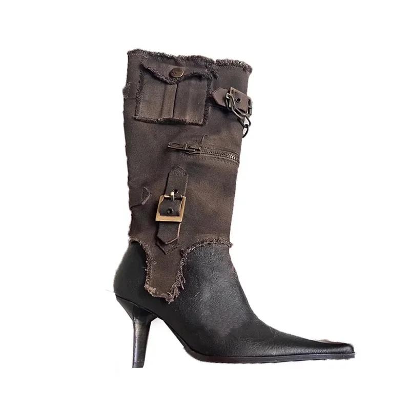 Vintage Pointed Belt Buckle Western Cowboy Boot Women's Fashion Metal Chain Detachable Two Wear Tooling Women's Boots 35-39