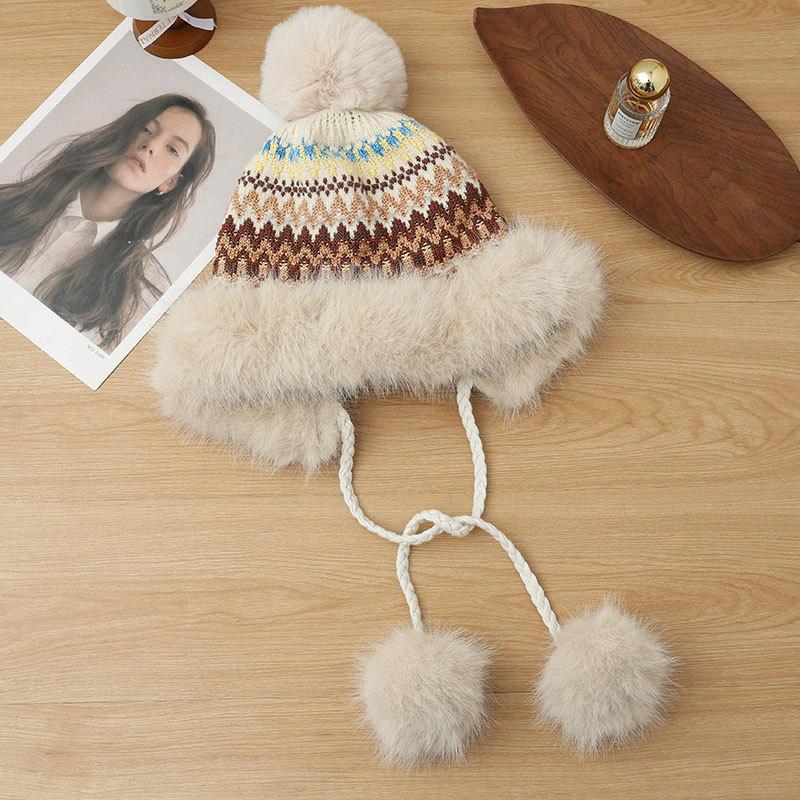 Ethnic Style Furry Warm Hat Women's Winter Plush Thickened Hairball Cold Hat Outdoor Ski Hat