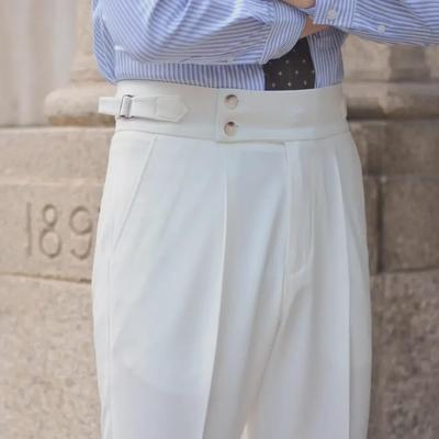Men's Casual High-Waist White Straight-Leg Trousers