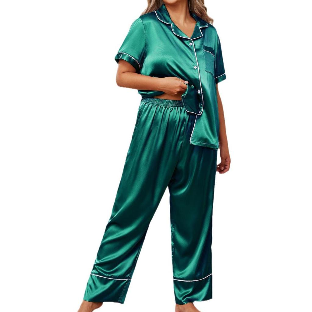 Schlafanzüge für Damen in Übergröße, Hemd- und Hosenset aus Kunstseide, Satin, große Größe, Pyjama, Frühlings- und Sommerkleidung, Nachtwäsche, Freizeitkleidung für zu Hause