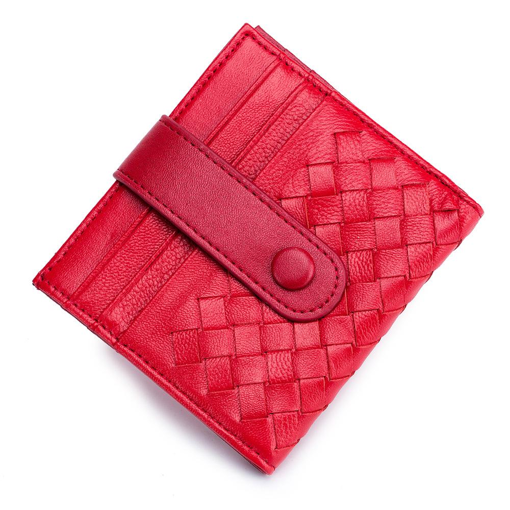 

Folding hand-woven men s wallet, thin short buckle wallet, sheepskin small card bag, women s new simple красный