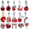 925 Silver Red Enamel Dragon Ladybug Strawberry Wine Bottle Horse Rose Apple Heart Lucky Beads Charms Pendent Fine Jewelry Gift