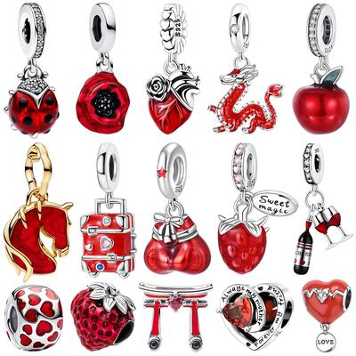 925 Silver Red Enamel Dragon Ladybug Strawberry Wine Bottle Horse Rose Apple Heart Lucky Beads Charms Pendent Fine Jewelry Gift