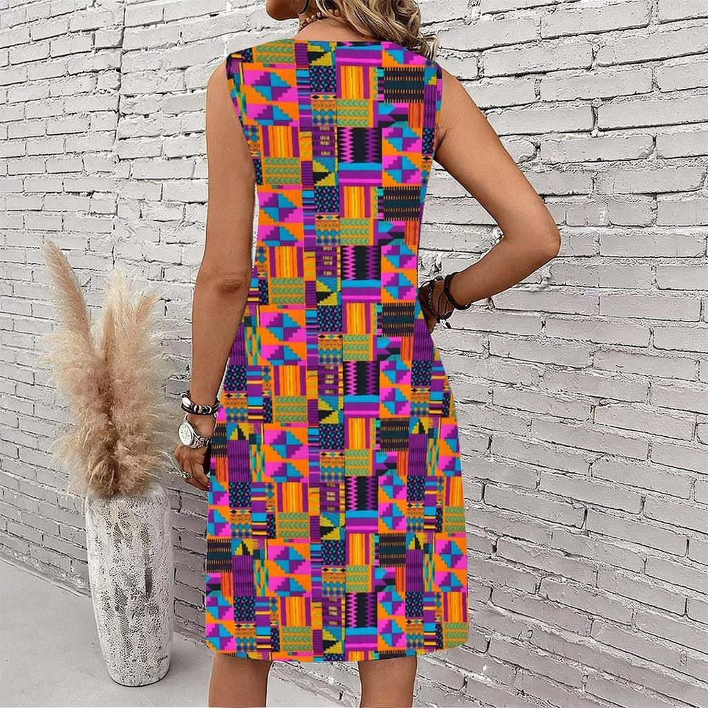 Plus Size V Neck Sleeveless Dress Ink Mountain Stream Print For Water Town Sightseeing