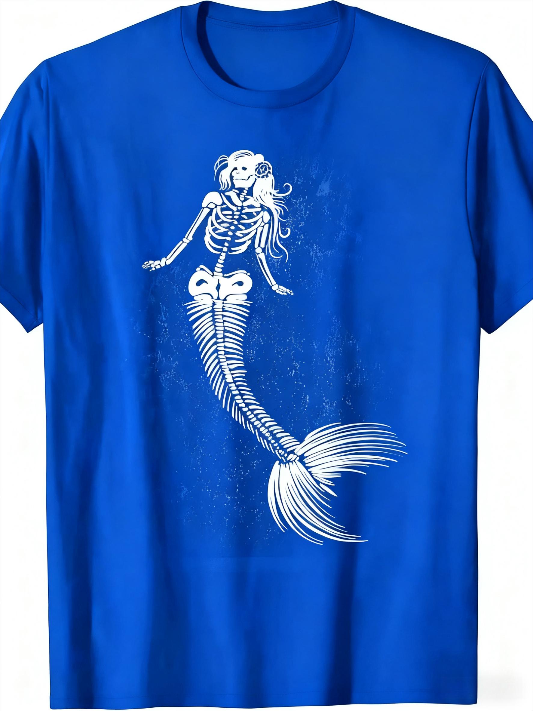 

Halloween Mermaid Skeleton Graphic Print Men s Luxury Cotton Short Sleeved T-shirt Summer Unisex Men s and Women s Street 4XL