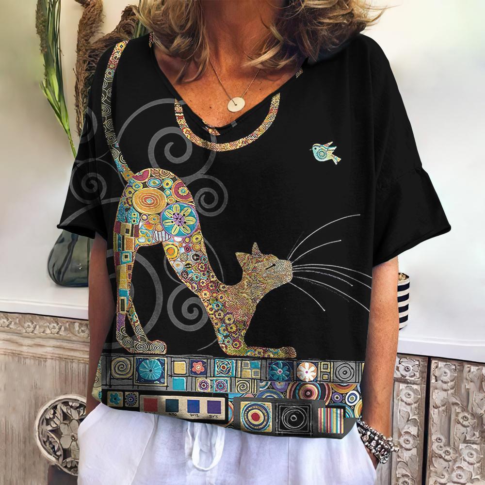 Summer V-neck 3D Cat Printed Top Fashionable Casual Short Sleeved Women's T-shirts