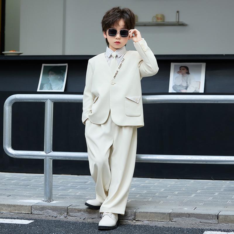 Boys Letter Embroidery V-Neck Blazer Suit Set School Kids Formal Outfit Striped Shirt Pants for Wedding Party Host Performance