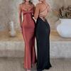Women's V Neck Sleeveless Maxi Dress Slim Fit High Waist Mermaid Dress Satin Spaghetti Strap Criss Cross Back Tie Backless Wedding Party Long Dress