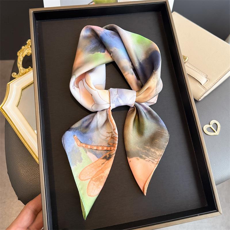 Ink lotus simulation silk printing silk scarf square scarf high-end shawl sunscreen neck small square scarf headscarf scarf women