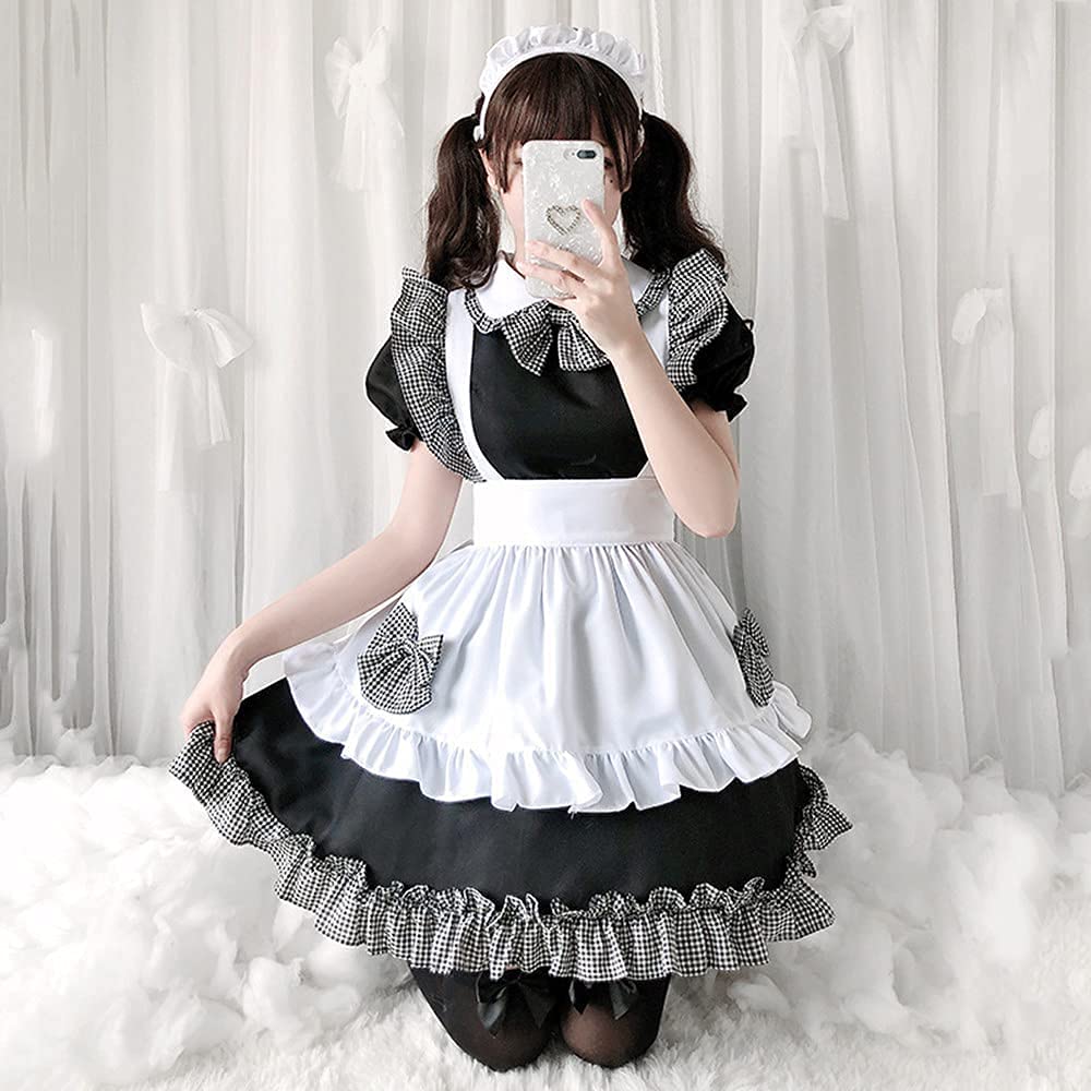 JUNDOMECY Cute Checkered Maid Plus Size Maid Short Black and Photo School Party Costume, High-Quality Set, Small, Cosplay, Sleeves, Ruffles, White,