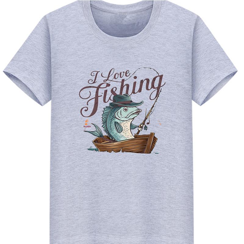 Unisex Cotton I Love Fishing Print Tshirt Loose round Neck Casual Short Sleeve Fashion Top for Summer