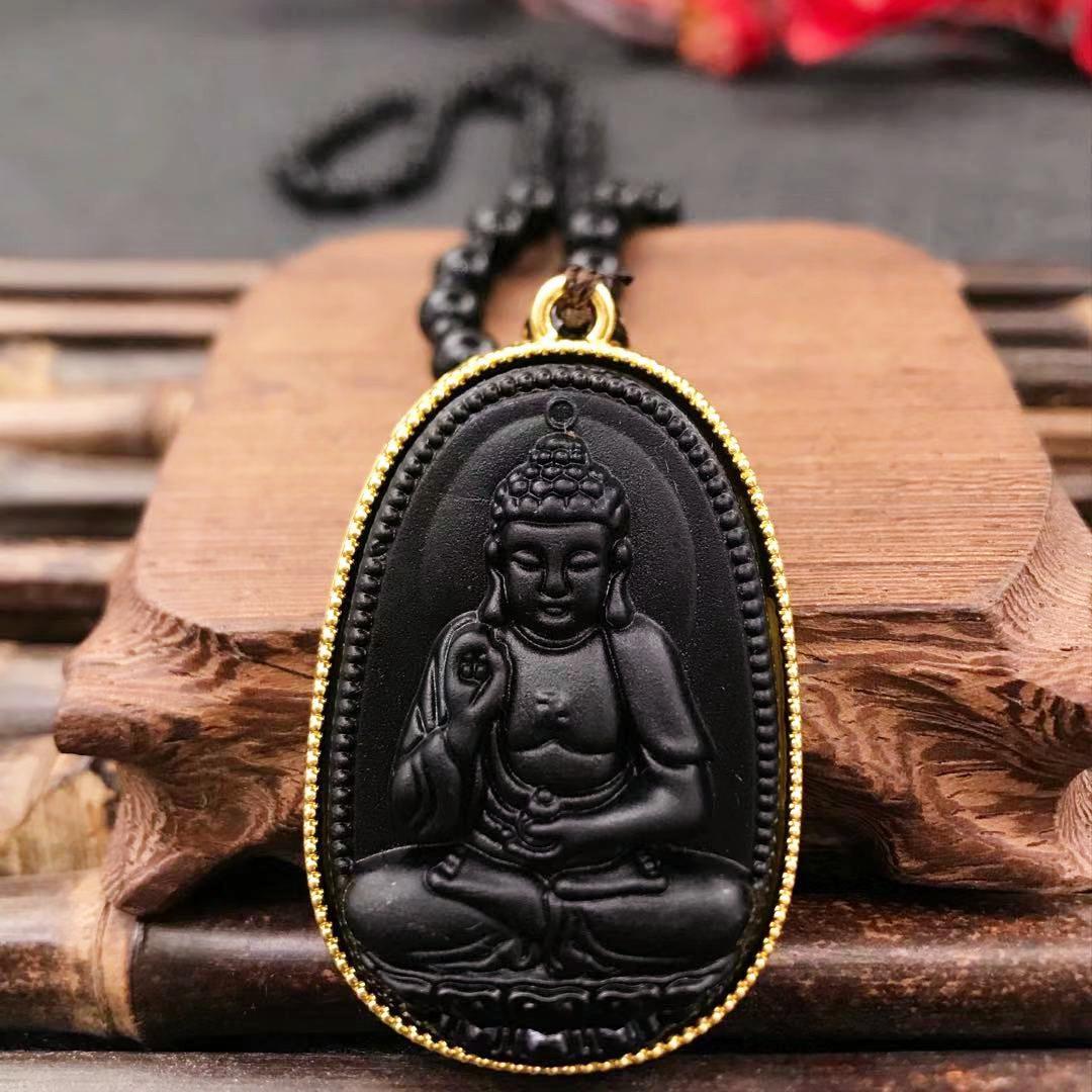 Gold-Trimmed Obsidian Guardian Buddha Zodiac Pendant with Eight Deities