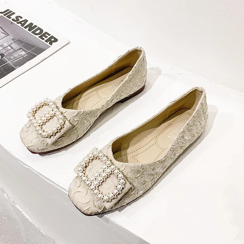Fashion 2024 New Spring and Autumn Square Head Shallow Women's Shoes Low Heel Fashion Soft Sole Women's Shoes Flat Pearl Single Shoes