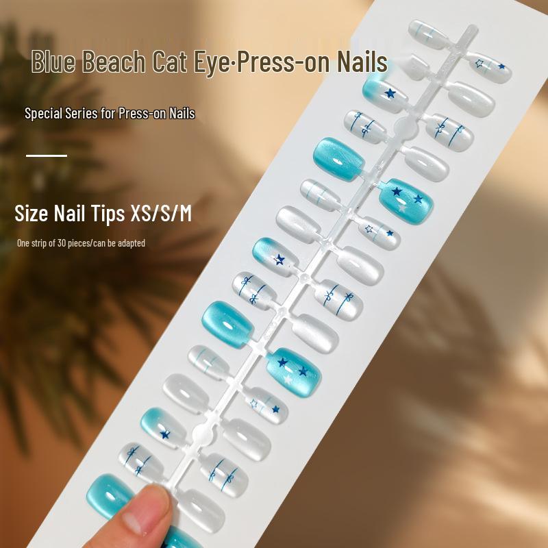 

Summer Cat Eye Ready-Made False Nail Tips with Stars and Simple Lines Design