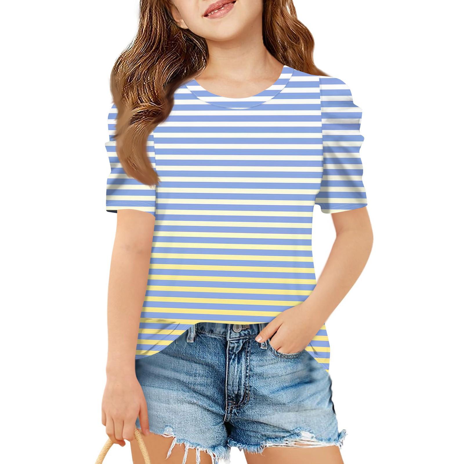 

Летний топ с коротким рукавом для девочек, детская полосатая футболка кэжуал с круглым вырезом 150