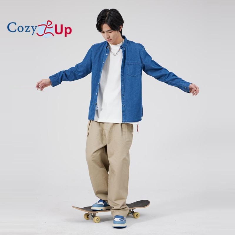 Cozy Up Herr Jeansskjortor Casual 100% Bomull Långärmad Skjorta med Knappar