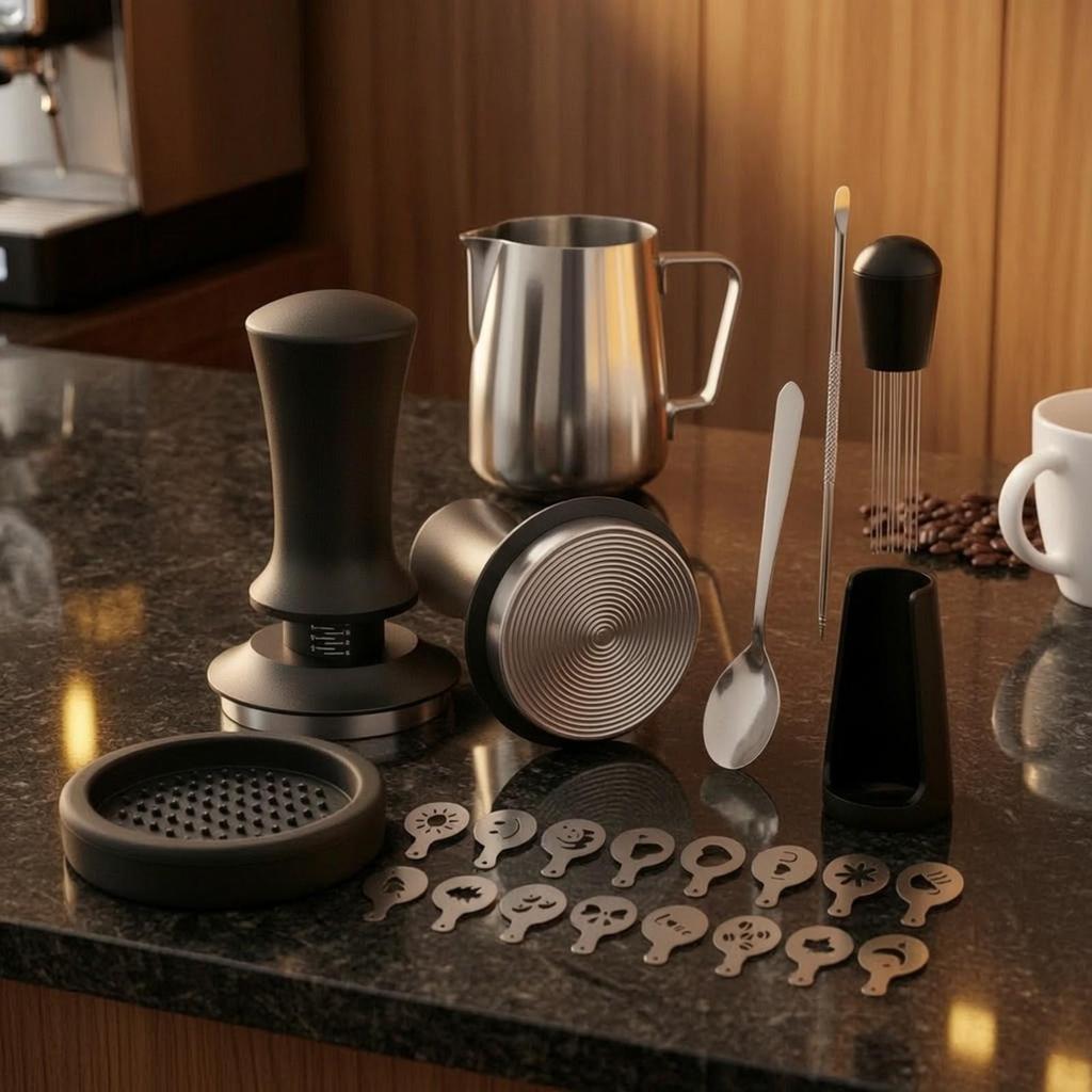 Espresso Tamping Kit with Pitcher Ergonomic Latte Art Set Stencils Non-Slip