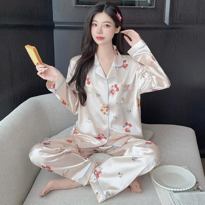 Good Night Bear Ice Silk Pajamas Women'S Long-Sleeved Cartoon Girl High-End Loungewear Set