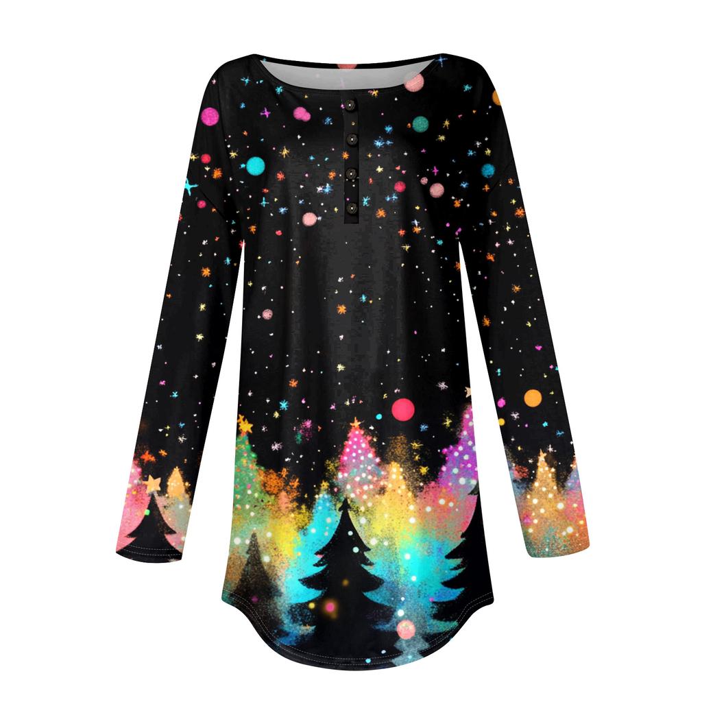 Women's Fashionable Loose-Fit Button-Down Collar Christmas Print Long-Sleeved Top