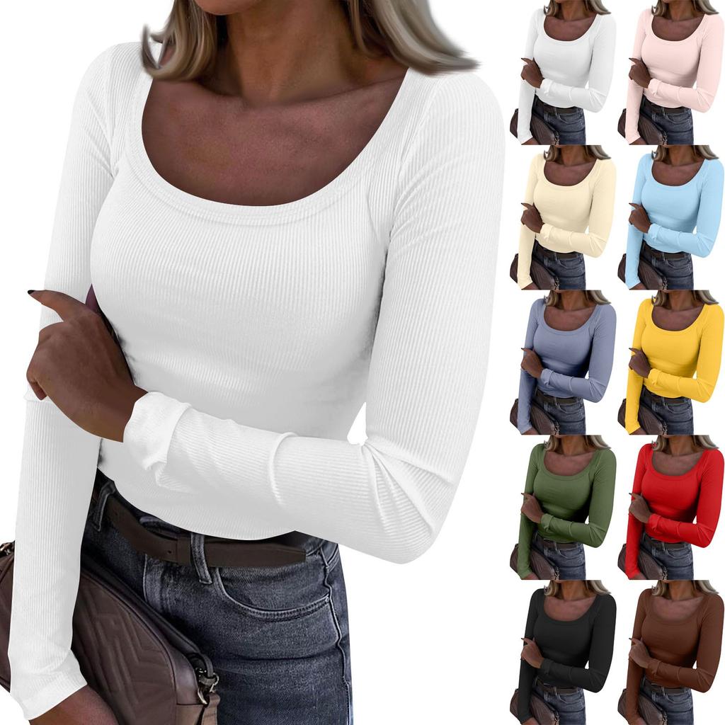 Women's  And Winter Slim Bottom T-shirt Fashion Casual Solid Color U Neck Pullover Long Sleeve Top