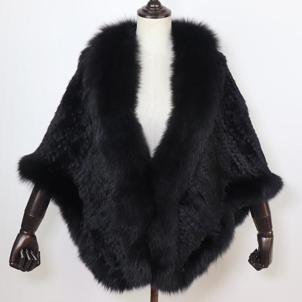 Women Real Rabbit Fur Shawl Scarf With Fox Fur Collar Winter Warm Knitted Rabbit Fur Poncho Girls Party Fashion Accessories